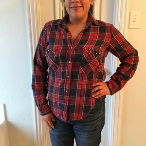 Plaid button down shirt with studs